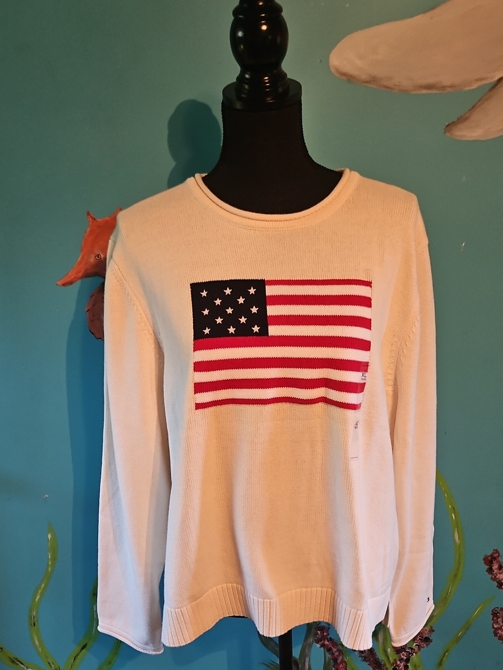 Tommy Hilfiger Cream Sweater with Red, White & Blue Flag